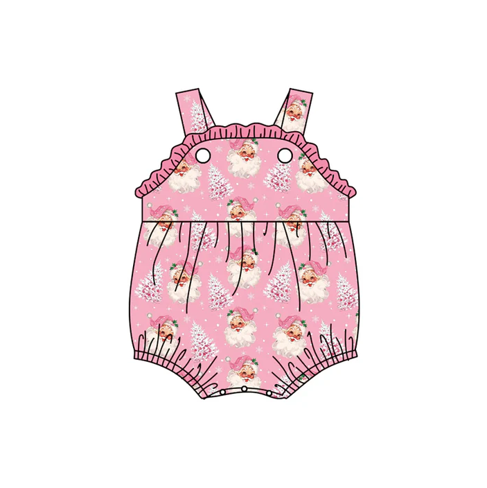 6.10 Preorder (moq 5)Baby Girls Pink Strap Santa Trees Plaid Ruffle Rompers