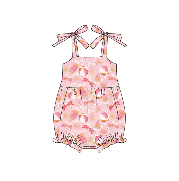 6.10 Preorder (moq 5)Baby Girls Bows Strap Pink Glasses Beach Flowers Ruffle Rompers