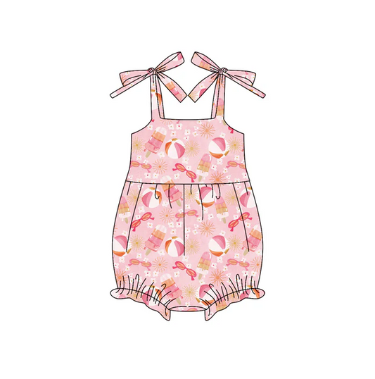 6.10 Preorder (moq 5)Baby Girls Bows Strap Pink Glasses Beach Flowers Ruffle Rompers