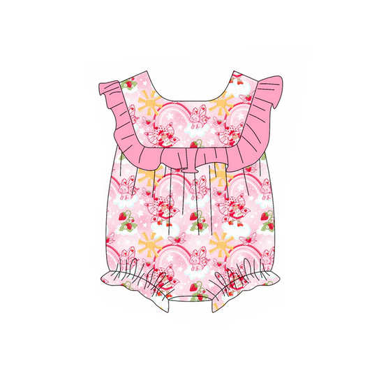 6.10 Preorder (moq 5)Baby Girls Sleeveless Pink Butterfly Rainbows Floral Ruffle Rompers