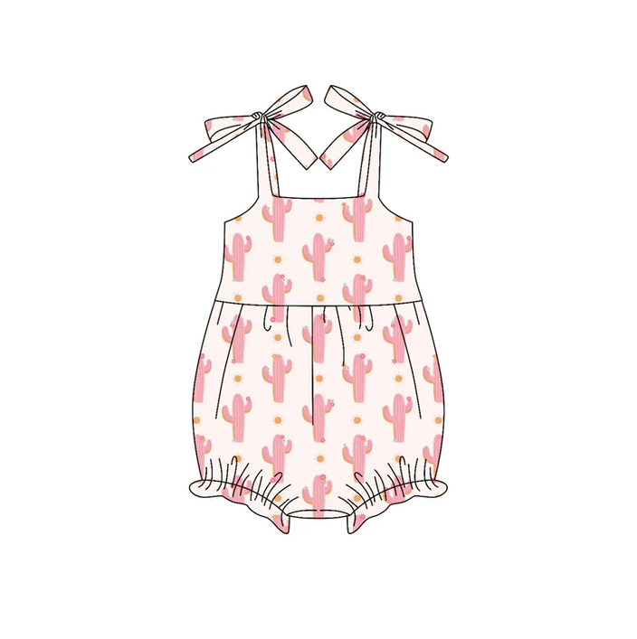 6.10 Preorder (moq 5)Baby Girls Bows Strap Light Pink Cactus Polka Dots Ruffle Rompers