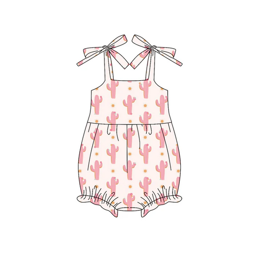 6.10 Preorder (moq 5)Baby Girls Bows Strap Light Pink Cactus Polka Dots Ruffle Rompers