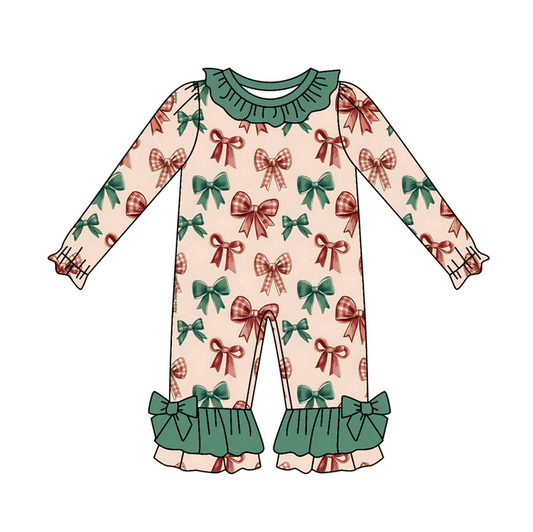 6.10 Preorder (moq 5)Baby Girls Long Sleeves Green Red Bows Plaid Ruffle Pant Rompers