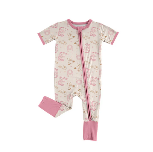 6.10 Preorder (moq 5)Baby Girls Light Pink Short Sleeves Horse Boots Zipper Rompers