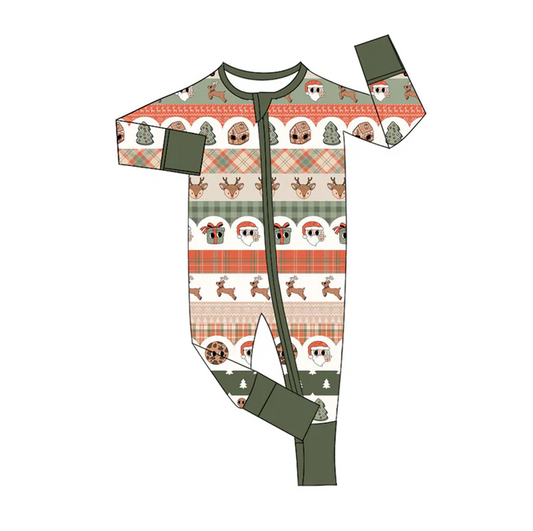 6.11 Preorder (moq 5)Baby Girls Dark Green Long Sleeves Aztec Deer Stripes Zipper Rompers