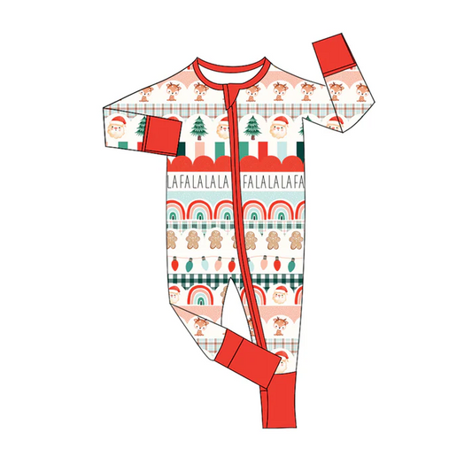 6.11 Preorder (moq 5)Baby Girls Red Long Sleeves Deer Gingerbread Trees Stripes Zipper Rompers