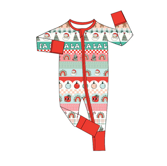 6.11 Preorder (moq 5)Baby Girls Red Long Sleeves Santa Trees Stripes Zipper Rompers