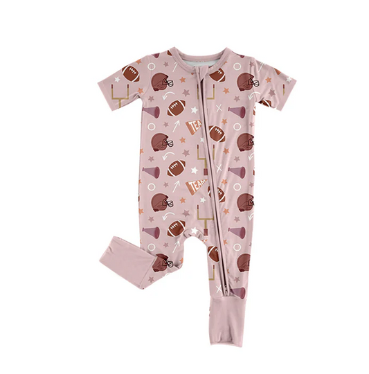 6.11 Preorder (moq 5)Baby Girls Lavender Short Sleeves Cheer Footballs Zipper Rompers