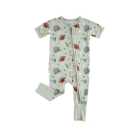6.11 Preorder (moq 5)Baby Boys Gray Short Sleeves Cheer Footballs Zipper Rompers