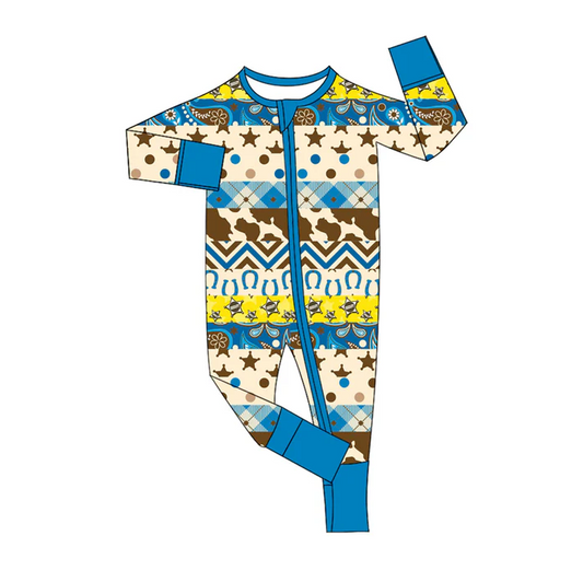 6.11 Preorder (moq 5)Baby Girls Hot Blue Long Sleeves Stars Aztec Stripes Zipper Rompers