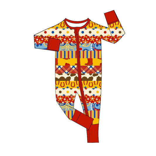6.11 Preorder (moq 5)Baby Girls Red Long Sleeves Horse Shoes Aztec Stripes Zipper Rompers