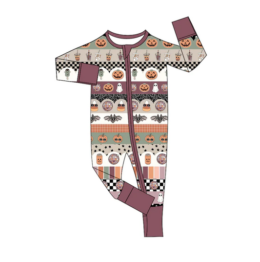 6.11 Preorder (moq 5)Baby Girls Dark Brown Long Sleeves Ghost Pumpkins Stripes Zipper Rompers