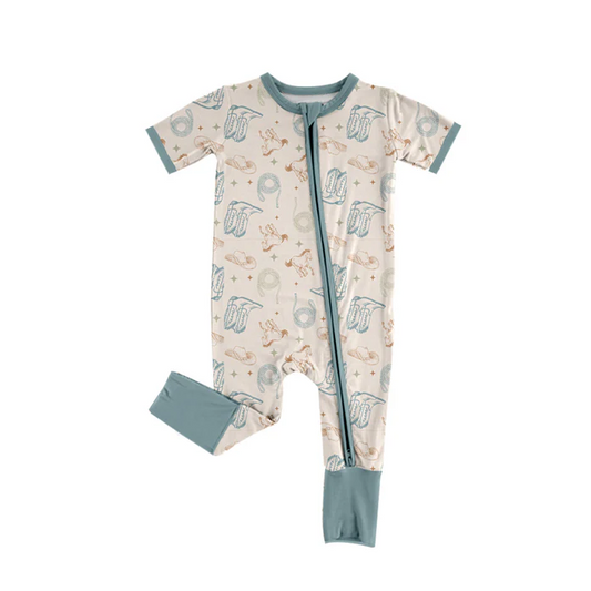 6.11 Preorder (moq 5)Baby Boys Light Blue Short Sleeves Horse Boots Zipper Rompers