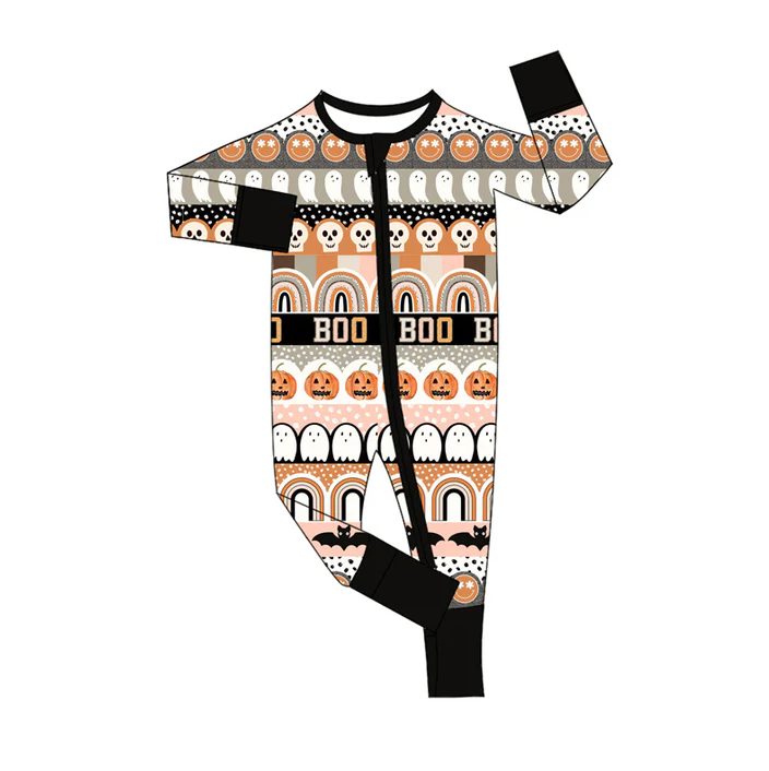 6.11 Preorder (moq 5)Baby Girls Black Long Sleeves Smiles Ghosts Pumpkins Stripes Zipper Rompers