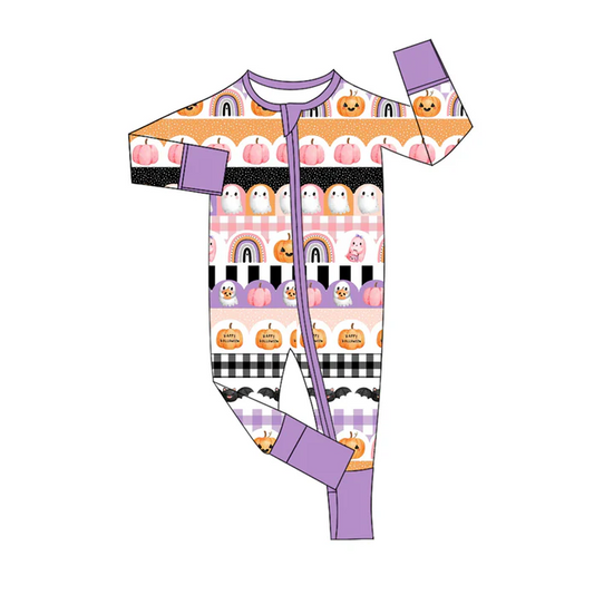 6.11 Preorder (moq 5)Baby Girls Lavender Long Sleeves Pumpkin Ghosts Zipper Pant Rompers