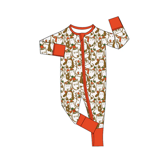 6.11 Preorder (moq 5)Baby Boys Orange Long Sleeves Hats Dogs Plaid Zipper Rompers