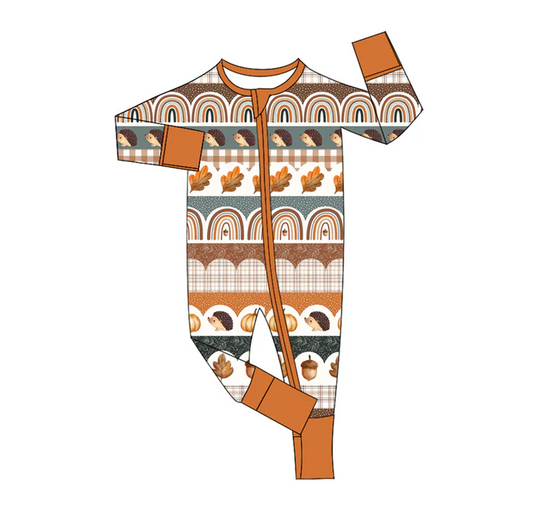 6.11 Preorder (moq 5)Baby Boys Khaki Long Sleeves Leaves Pumpkins Stripes Zipper Rompers