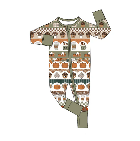 6.11 Preorder (moq 5)Baby Boys Green Long Sleeves Pumpkins Cakes Stripes Zipper Rompers