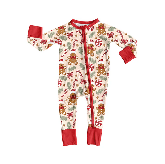 6.11 Preorder (moq 5)Baby Girls Red Long Sleeves Gingerbread Candy Cane Zipper Rompers