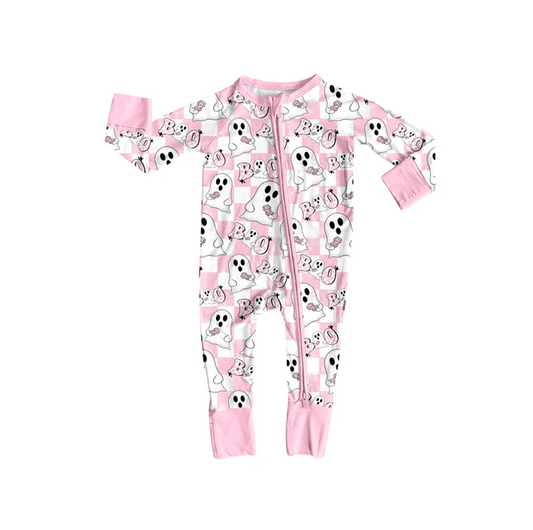 6.11 Preorder (moq 5)Baby Girls Pink Plaid Long Sleeves Ghosts BOO Zipper Rompers