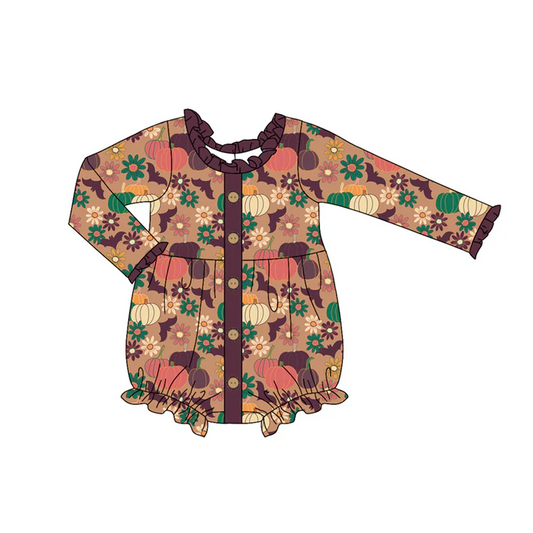 6.11 Preorder (moq 5)Baby Girls Dark Red Long Sleeves Pumpkins Flowers Button Ruffle Rompers