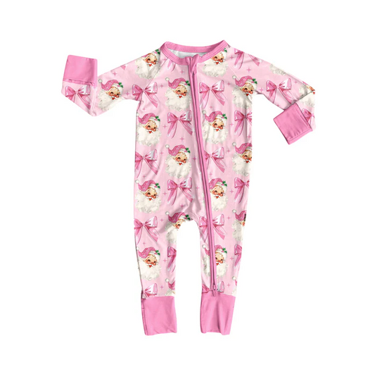 6.11 Preorder (moq 5)Baby Girls Pink Long Sleeves Bows Santa Plaid Zipper Rompers