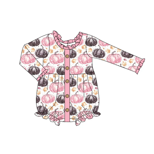 6.11 Preorder (moq 5)Baby Girls Pink Long Sleeves Pumpkins Leaves Button Ruffle Rompers