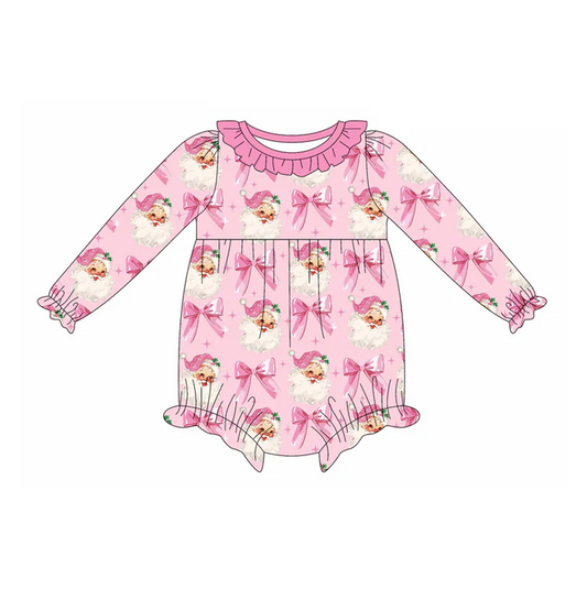 6.11 Preorder (moq 5)Baby Girls Pink Long Sleeves Bows Santa Plaid Ruffle Rompers