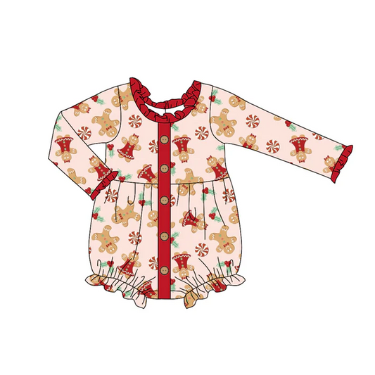 6.11 Preorder (moq 5)Baby Girls Red Long Sleeves Gingerbread Button Ruffle Rompers