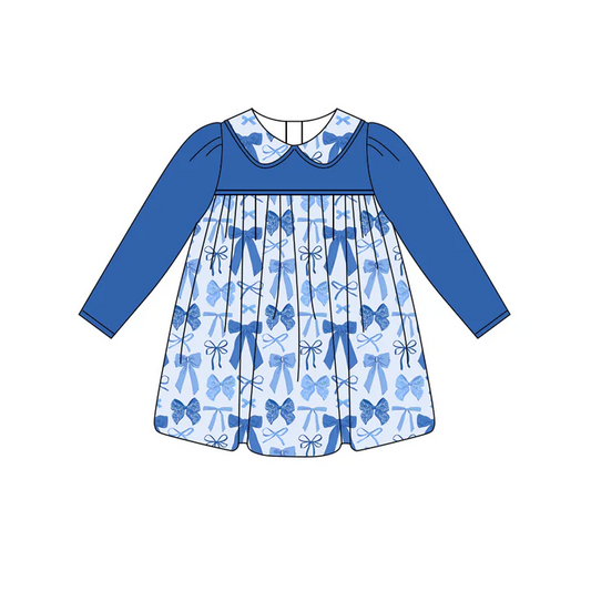 6.12 Preorder (moq 5)Baby Girls Hot Blue Long Sleeves Bows Plaid Knee Length Dresses