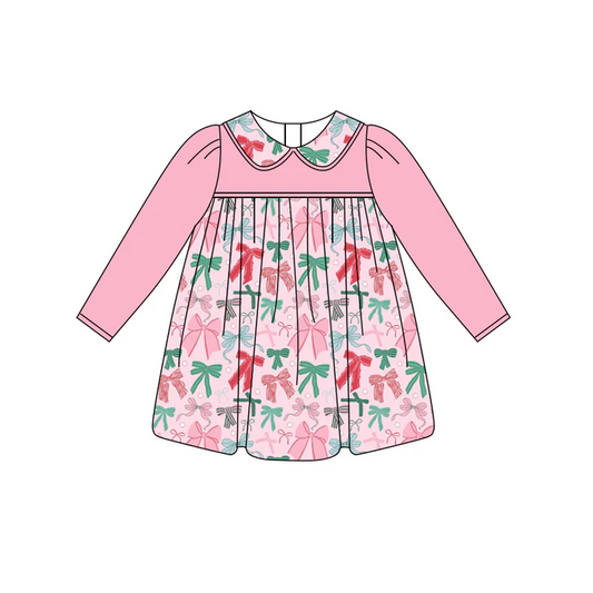 6.12 Preorder (moq 5)Baby Girls Pink Long Sleeves Colorful Bows Knee Length Dresses