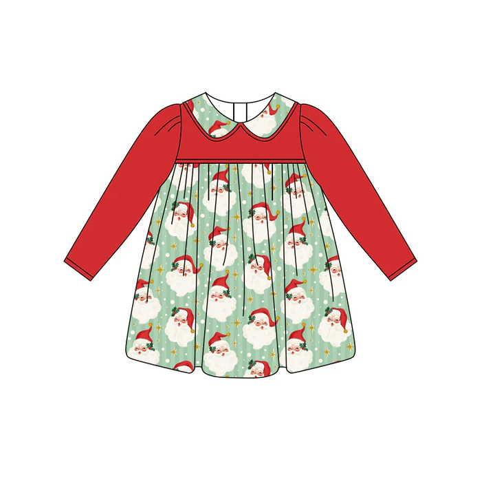 6.12 Preorder (moq 5)Baby Girls Red Long Sleeves Stars Santa Plaid Knee Length Dresses