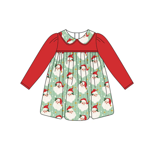 6.12 Preorder (moq 5)Baby Girls Red Long Sleeves Stars Santa Plaid Knee Length Dresses