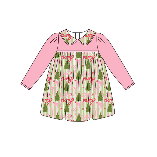 6.12 Preorder (moq 5)Baby Girls Pink Long Sleeves Trees Bows Stripe Knee Length Dresses