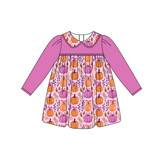6.12 Preorder (moq 5)Baby Girls Hot Pink Long Sleeves Floral Pumpkins Knee Length Dresses
