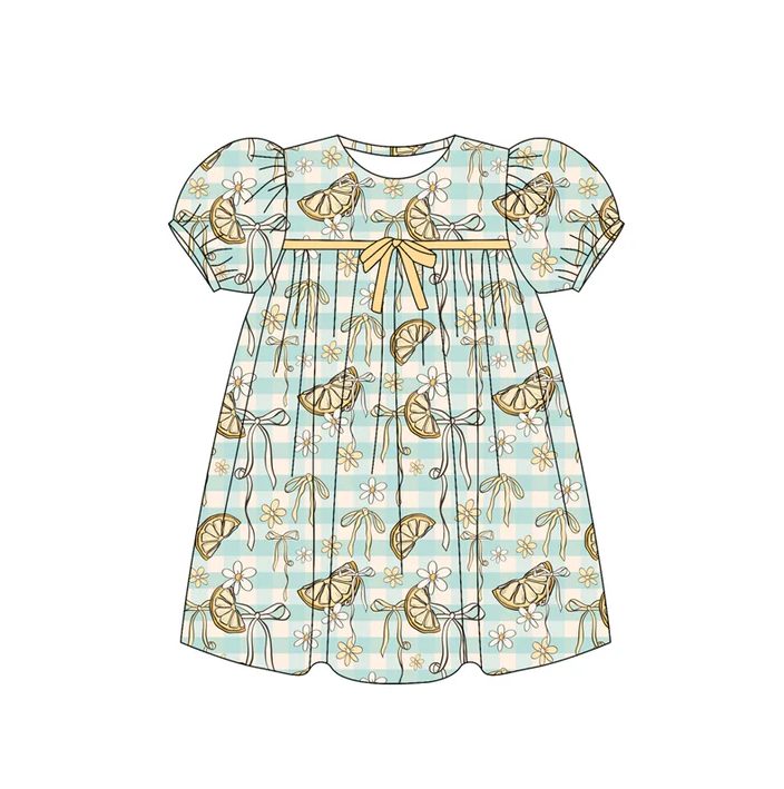 6.12 Preorder (moq 5)Baby Girls Short Ruffle Sleeves Stripe Lemons Flowers Knee Length Dresses