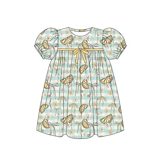 6.12 Preorder (moq 5)Baby Girls Short Ruffle Sleeves Stripe Lemons Flowers Knee Length Dresses