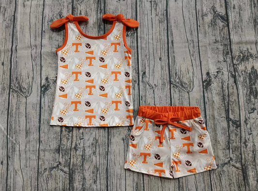 6.12 Preorder (moq 5)Baby Girls Bows Sleeveless Orange T Footballs Top Pockets Shorts Set