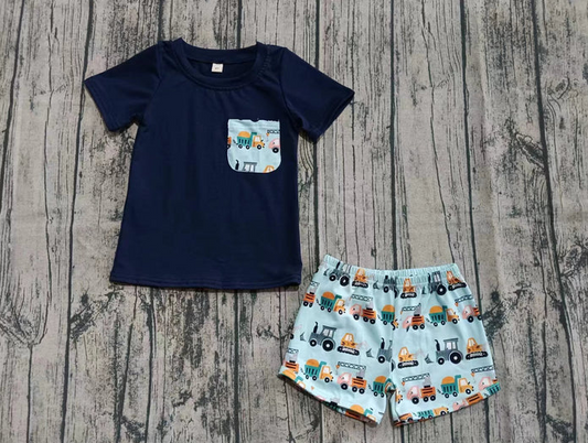 6.12 Preorder (moq 5)Baby Boys Navy Short Sleeves Pocket Top Excavators Plaid Shorts Set