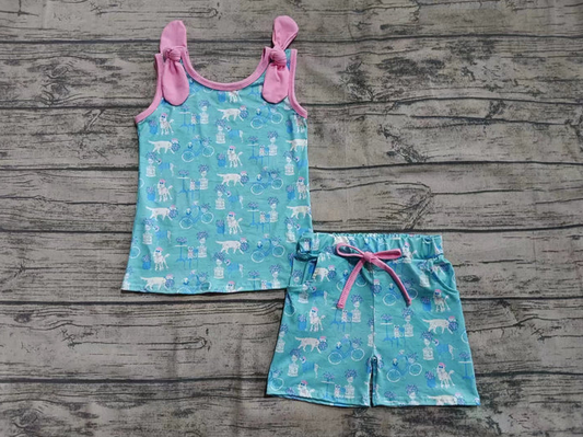 6.12 Preorder (moq 5)Baby Girls Bows Sleeveless Dogs Plants Top Pockets Shorts Set