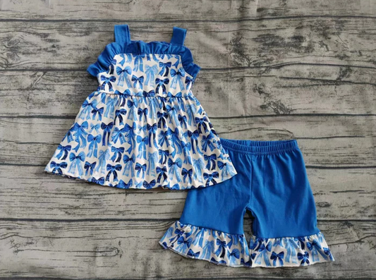 6.12 Preorder (moq 5)Baby Girls Hot Blue Strap Bows Plaid Tunic Ruffle Shorts Set