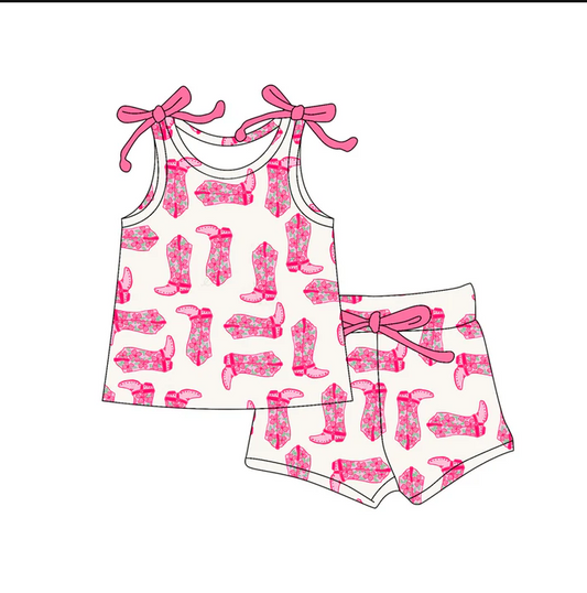 6.12 Preorder (moq 5)Baby Girls Bows Sleeveless Pink Boots Top Shorts Set