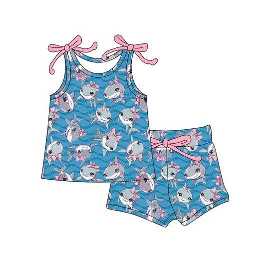 6.12 Preorder (moq 5)Baby Girls Hot Blue Bows Sleeveless Sharks Sea Top Shorts Set