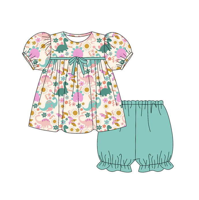 6.12 Preorder (moq 5)Baby Girls Short Ruffle Sleeves Pink Flowers Dinosaurs Tunic Aqua Shorts Set