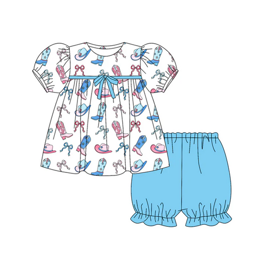6.12 Preorder (moq 5)Baby Girls Short Ruffle Sleeves Bows Boots Hats Tunic Blue Shorts Set