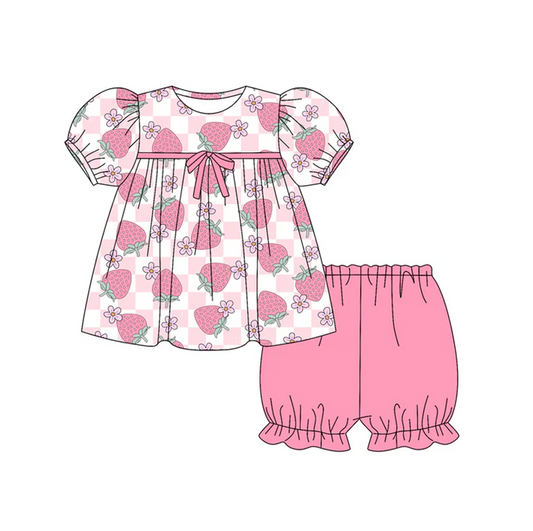 6.12 Preorder (moq 5)Baby Girls Pink Plaid Short Ruffle Sleeves Flowers Strawberry Tunic Shorts Set
