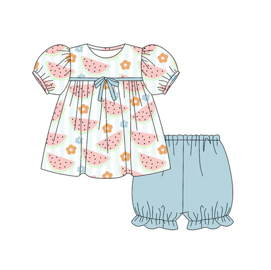 6.12 Preorder (moq 5)Baby Girls Blue Short Ruffle Sleeves Watermelons Flowers Tunic Shorts Set