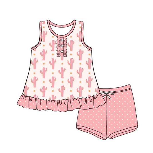 6.12 Preorder (moq 5)Baby Girls Sleeveless Button Pink Cactus Polka Dots Tunic Short Set