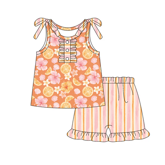 6.12 Preorder (moq 5)Baby Girls Orange Bows Sleeveless Button Lemons Flowers Top Ruffle Short Set