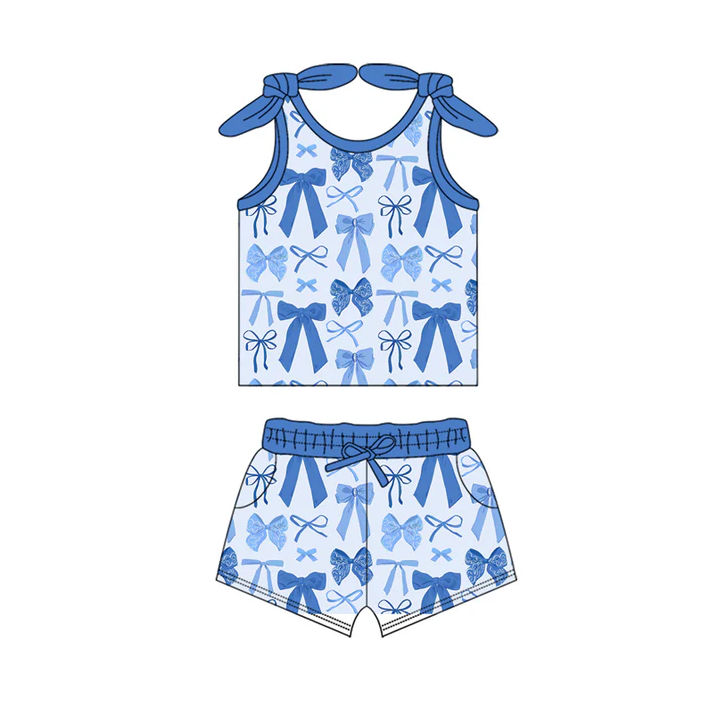 6.12 Preorder (moq 5)Baby Girls Blue Bows Sleeveless Bows Vest Top Pockets Short Set